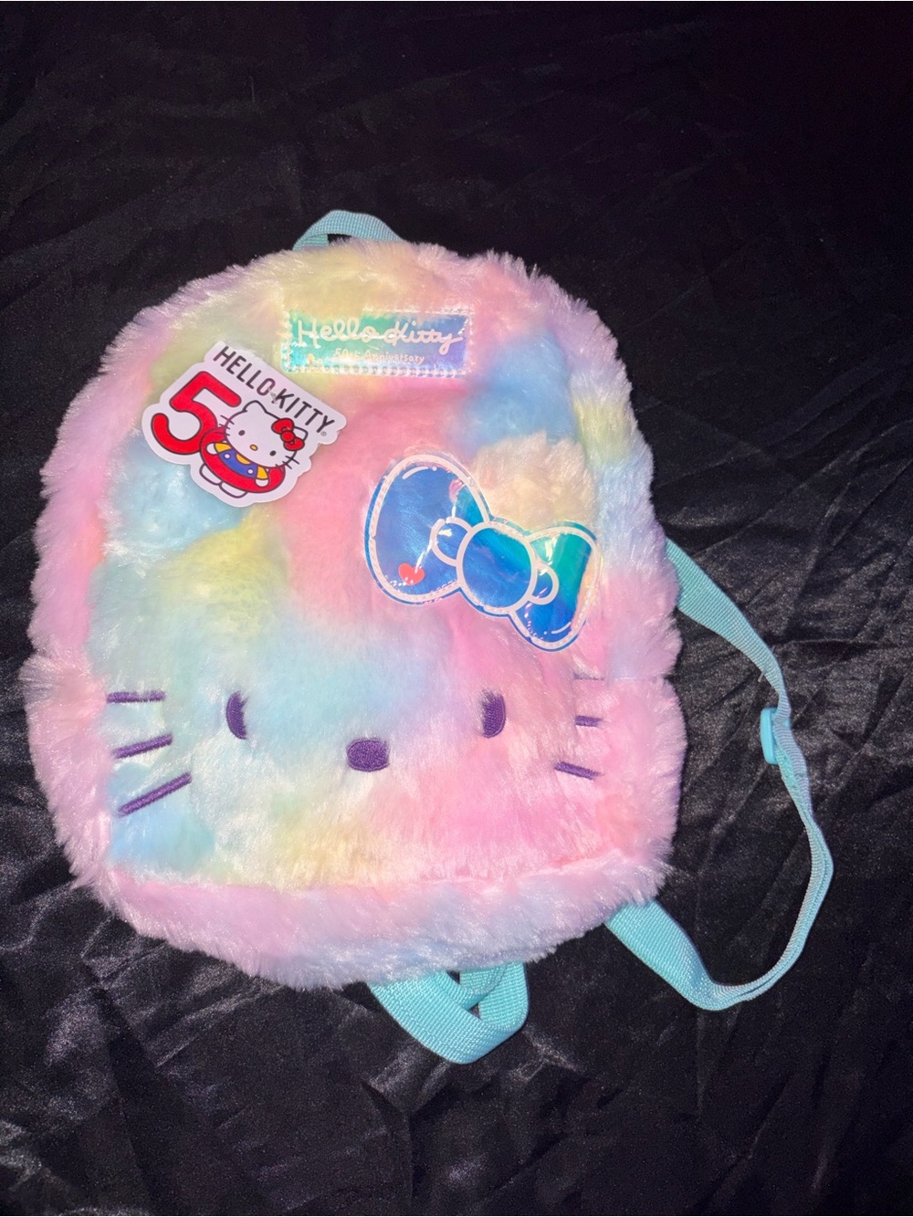 Hello Kitty Pastel Rainbow Plush Backpack with Decorative Bow Patch